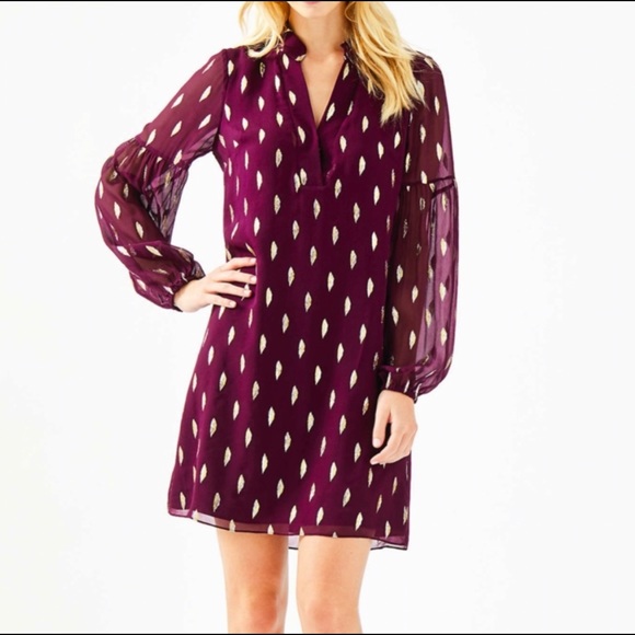 Lilly Pulitzer Dresses & Skirts - 🆕 Lilly Pulitzer Long Sleeve Shea Silk Dress - Cabernet - Metallic Diamond - 4
